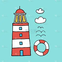 灯塔、海鸥、救生圈和云彩。手绘矢量图