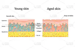 病媒显示皮肤与年龄有关的变化。年轻和年老皮肤的比较.用胶原蛋白、弹性蛋白纤维、成纤维细胞结构人的皮肤