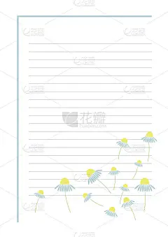 矢量空白的信件或贺卡。蓝色的框架，线条和花朵。A4格式。