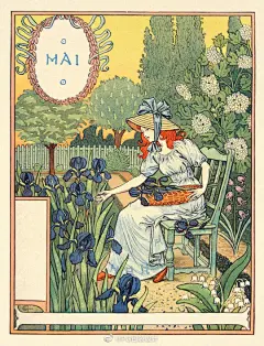 100多年前的日历。精美绘画，每幅都有个女人在院子花园里劳作。by：Eugène Grasset ​​​​
#插画# ​​​​