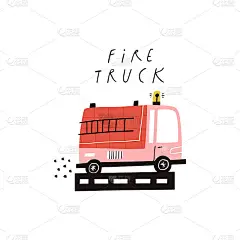 消防车文字和可爱的卡通消防车与警报器闪光白色背景。手绘消防车在道路矢量插图。平坦滑稽幼稚的救援队运送
