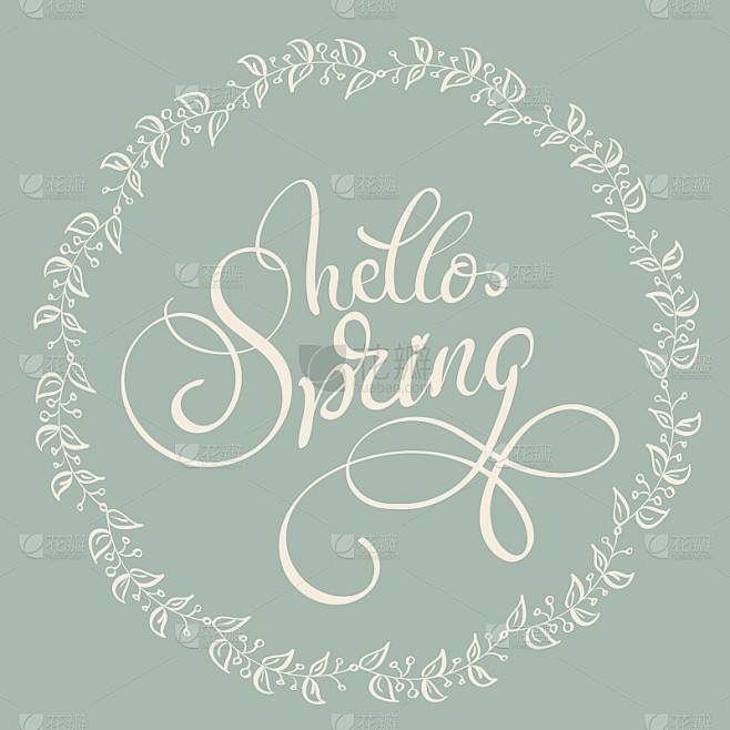 Hello Spring文本在浅绿色背景。书法字母矢量插图EPS10