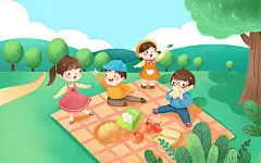 踏青郊游春游春游手绘卡通春天踏青野炊原创插画海报