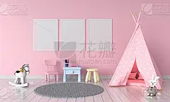 Three empty photo frame for mockup in child room, 3D renderingThree empty photo frame for mockup in childern room, 3D rendering