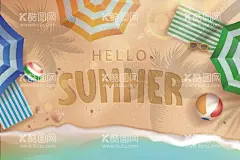 夏天海滩背景  - 源文件下载【酷图网】海滩充气球,海滩遮阳伞,安全带,阳伞,凉鞋,吉他,防晒霜,扁平化设计,毛巾,波浪,航拍视角,高视角,海星,海滩,西瓜