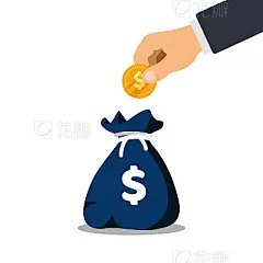 Hand put coins into money bag.Money bag flat icon. Moneybag simple cartoon signs isolated on white background. Hand put coins into the case. Vector illustration.