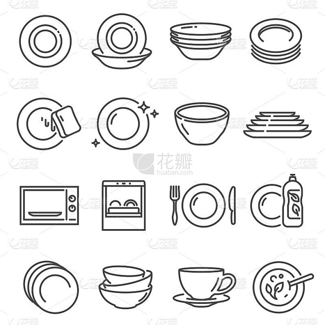盘子，碗细线图标设置孤立在白色。碗碟、餐...