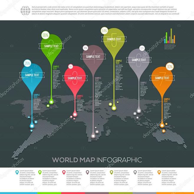 世界地图信息图表与地图指针-模板矢量设计