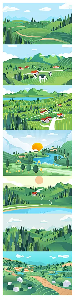 春天自然环境乡村风景扁平插图旅行户外田野森林矢量插画AI-花瓣网
