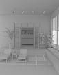 C4D 家居 室内泳池概念场景模型素材 白模 盆栽 书架 长椅地毯