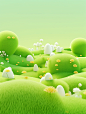 3d green grass and trees in the grass, in the style of playful, whimsical illustrations, delicate flowers, rendered in cinema4d, mori kei, playful cartoons, spiky mounds, white and green