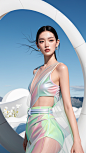 亚洲美女摄影，模特身材，顶级时尚杂志大片构图，酷女孩，动态构图，发光薄纱，超现实主义，超现实景观中的极简主义阴影，分层半透明气囊结构、 动态渲染，欧洲神话故事，