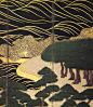 Detail. 浜松図 部分 Sandy beach and pine trees. 俵屋宗達 Tawaraya Sōtatsu. Japanese folding screen. Edo period.: 