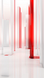 An image of some red lines crossing a white wall, in the style of low bitrate, translucent overlapping, animated gifs, thin steel forms, columns and totems, conceptual digitalism, subtle colours