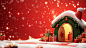 A cute Christmas elf's house with presents, on the right side of red background with firework lights and snow in cartoon style. The elves' home is made from green fur material and features an open door. There are many gift boxes placed around it. This sce