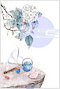 唯美水彩手绘古风插画中国风建筑花卉山水画装饰美化JPG设计素材
