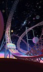 This may contain: a roller coaster in the sky at night with stars and planets above it, as well as an image of another roller coaster