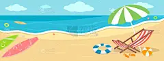 夏日快乐的沙滩横幅图解，甲板椅子、伞、泳圈、冲浪板、球、海星、海滨贝壳、阳光明媚的户外活动的色彩斑斓