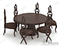 中式棕色实木圆形餐桌镂空雕刻藤蔓式印花餐椅桌椅组合