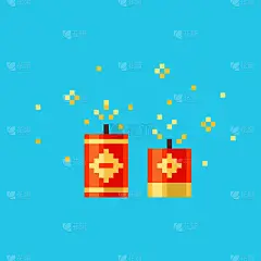 像素艺术红花火图标。矢量8位风格插图的中国爆竹或花火。