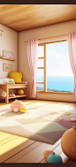Cozy interior, sunshine, sea outside the window, wooden floor, plush carpet