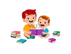 可爱的小男孩和小妹妹兄弟姐妹一起读书插画图片素材