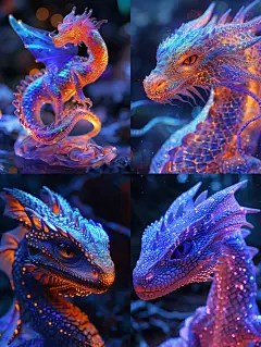 神秘3D立体克莱因蓝金属线刺绣发光体动物龙头透视艺术摄影海报midjourney关键词咒语