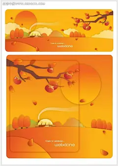 秋季乡村柿子小屋小树手绘背景画AI|背景画|风景画|矢量素材|矢量图形|手绘画|手绘图形|水彩画|图形设计|图形图标