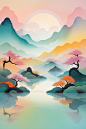 传统新中式山水国潮山水插画背景图