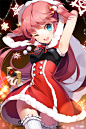 1girl ;d arm_up bangs bell blue_eyes box fur_trim gift gilse grin holding holly hood leg_garter long_hair nail_polish open_mouth pink_hair plaid polka_dot ribbon santa_costume short_twintails side_ponytail smile snowflakes sparkle swept_bangs sword_girls 