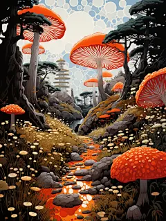 富有想象力的奇幻风景插画海报金黄色蘑菇