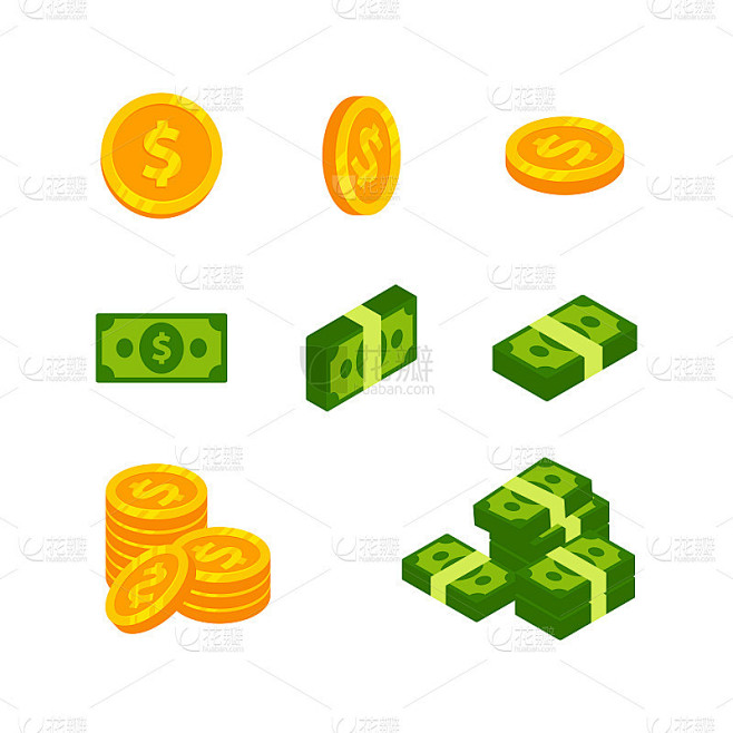 钱币钱币矢量图标设计。一堆现金和一些金币。