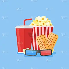 电影海报模板。爆米花, 苏打外卖, 3d 影院眼镜和门票.