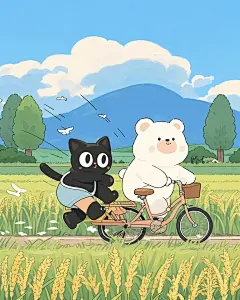 黑色小猫和白色小熊在稻田骑车玩耍