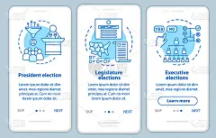 带有线性概念的手机应用页面屏幕上的选举。总统、立法机关、行政选举。三个演练图形说明。UX, UI, 