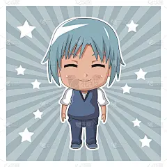 条纹颜色背景与明星和可爱的动漫少年面部表情微笑与闭上眼睛