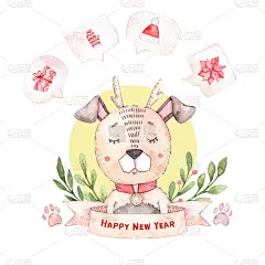 圣诞快乐。冬季水彩画小狗与讲话气泡。梦想成真了。手绘插图。完美的邀请，贺卡，印刷品，海报，广告