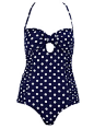 Dorothy Perkins 2012 新款，海军蓝波点挂脖连体泳衣，美妙的波尔卡圆点，以及精巧的镂空。