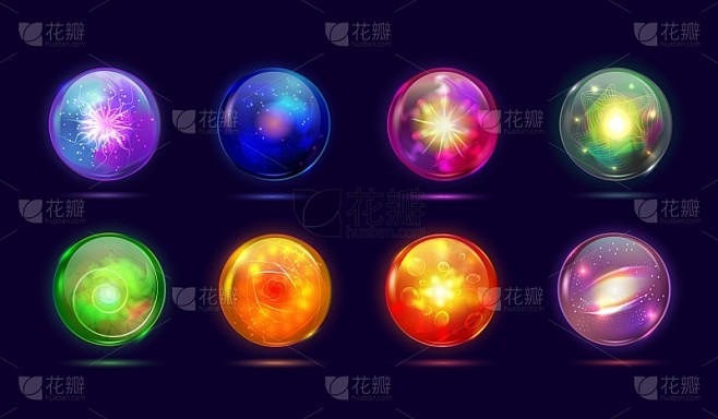 神奇神秘的魔法球。幻想发光球能量球，圆形玻璃水晶魔术师，魔法闪电占卜师，透明整洁的矢量