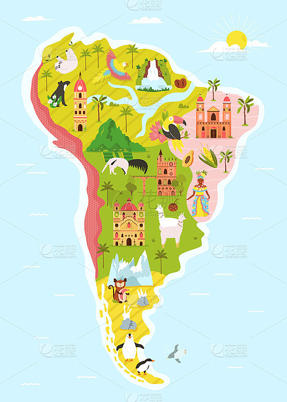 南美地图与著名的自然地标，建筑和动物