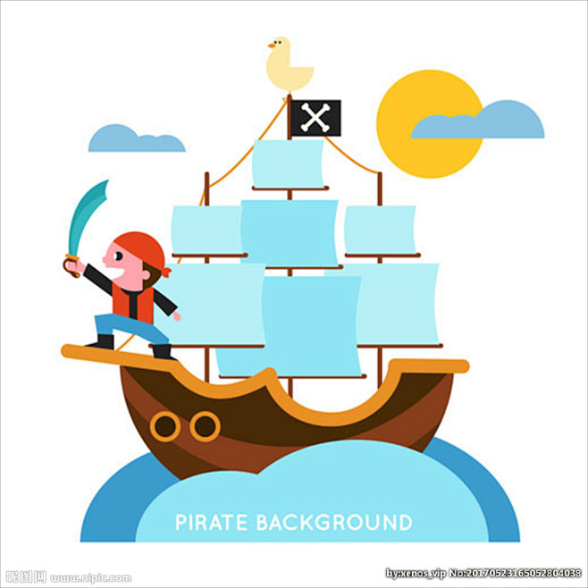 卡通海盗船上的海盗插图