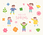 Cute children are making happy faces and spring flowers are blooming around them