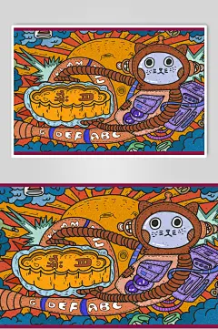 猫咪月饼创意高端手绘街头嘻哈插画