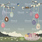 Cartoon Easter egg ornaments hanging off blossoming trees 免版稅 向量圖形檔