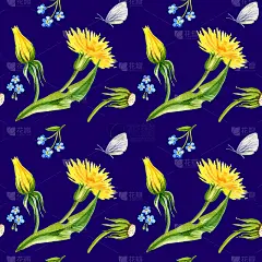 无缝图案，手绘水彩花蒲公英，香草，蝴蝶，蓝色底色，黄色花为纺织品，卡片，婚礼设计