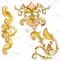 金字母表花卉装饰品。巴洛克式设计的孤立元素。水彩背景插图集._5684823378