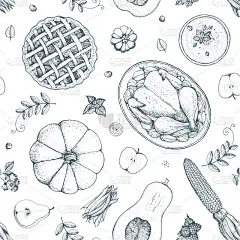 感恩节无缝模式。手绘矢量插图。食物手绘素描。有火鸡的节日晚餐。秋季粮食草图。雕刻的形象。