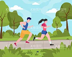 跑步锻炼插画  - 源文件下载【酷图网】卡通风景,手绘风景,山坡,草地,蓝天白云,自然风景,树木,公园,跑步,锻炼,跑步的人,锻炼的人,