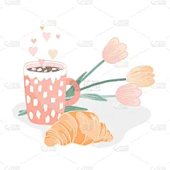 美味的羊角面包，热可可或巧克力饮料和一束郁金香。矢量插图，早安概念或贺卡