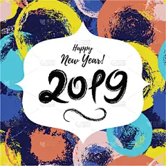 2019快乐新年可爱的贺卡手绘制点点滴滴的背景。素描孩子假期横幅, 贴纸, 标签, 画笔笔划壁纸.